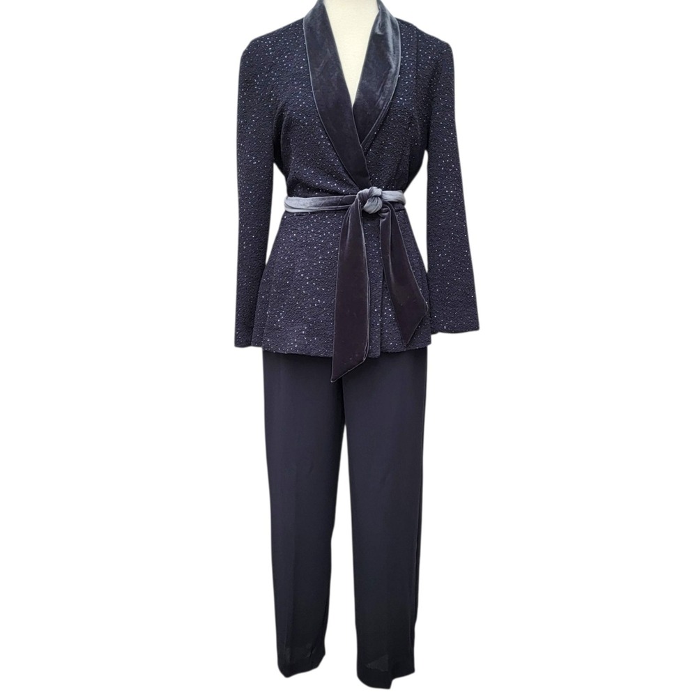 Vtg Jessica Howard Velour Trim Sparkle Pantsuit Blazer Set Gray Green Holiday 10